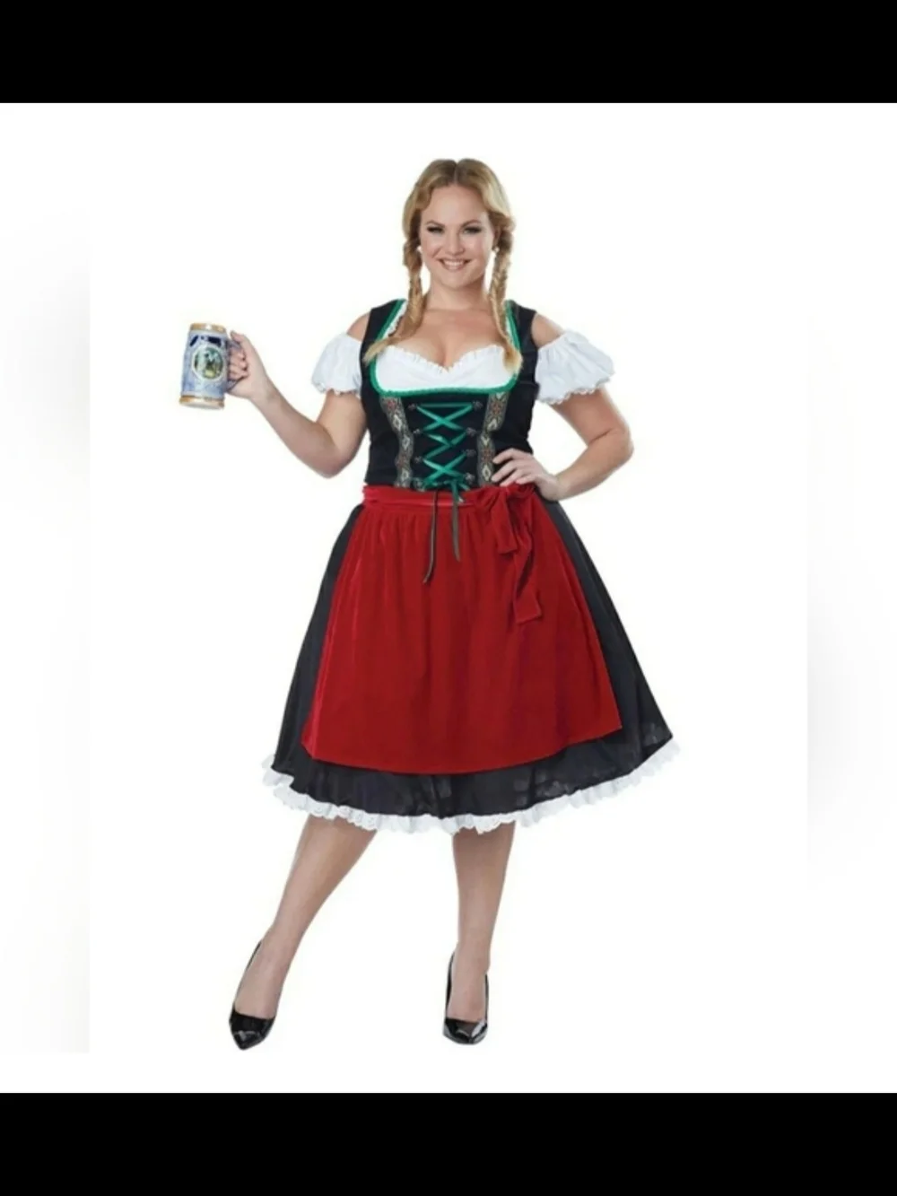 Traditional Women's Drindl Dress with Red Apron and Black Bodice - Picture 5 of 6